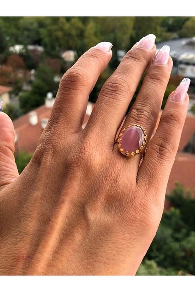 TÜKKAN ACCESSORİES Pink Cat's Eye Stone - Natural Stone Coated Adjustable Ring - Ring-Natural Stone Ring12