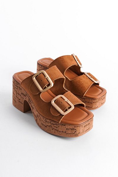 Capone Outfitters Damen-Hausschuhe mit Kork-Plateausohle und doppelter Schnalle