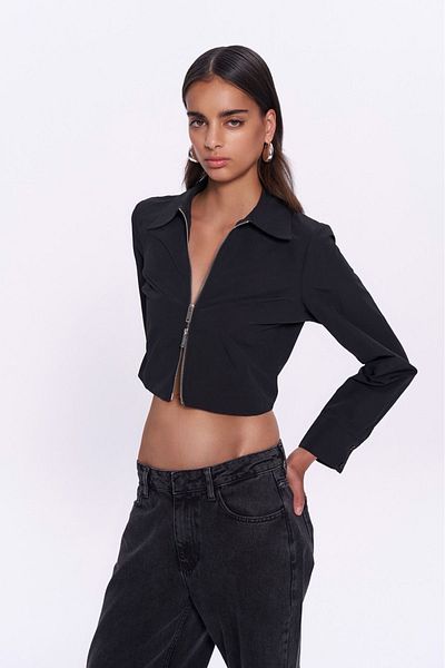Quzu Zippered Slimfit Crop Shirt