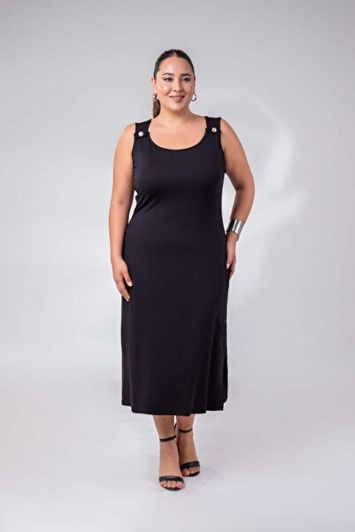 Roxxlen Plus Size 1111087 Rochie fără mâneci cu nasturi Negru