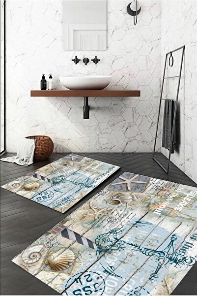 LTS HOME Dijital Baskılı Deniz Desenli Renkli İkili Banyo Paspası (40/60cm -6...