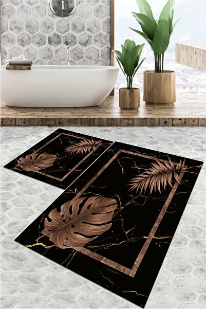 LTS HOME Dijital Baskılı Palmiye Desenli Renkli İkili Banyo Paspası (40/60cm ...