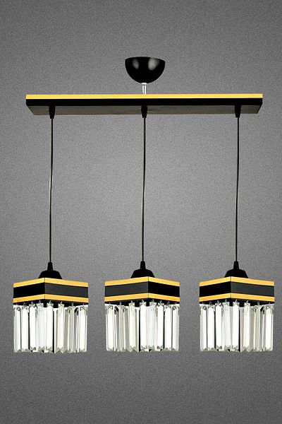 SONSUZ AYDINLATMA&AVİZE Infinite 3-Piece Black Pendant Lamp Row Crystal Stone Yellow Strip Square Downward Facing Luxury Chandelier