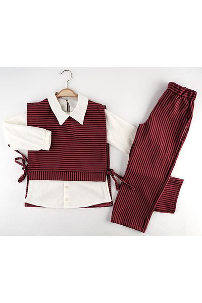 Guata KİDS 6-12 Years Girl's Striped Patterned Sweater Set