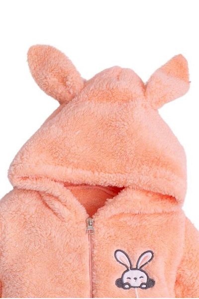 Chicsy Baby Sweet Plush Cotton Rabbit Embroidered - Carrot Detailed Hooded Welsoft Winter Jumpsuit