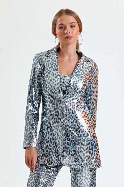 Sense Μαύρο και άσπρο βραδινό μπουφάν με παγιέτες Leopard Sequins - Εσωτερική επένδυση Ckt34264