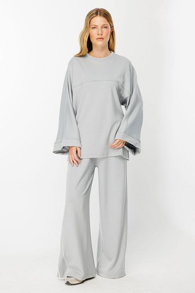 Hooopstore Γκρι παντελόνι Palazzo Sweatpants - Λεπτομέρεια Piping