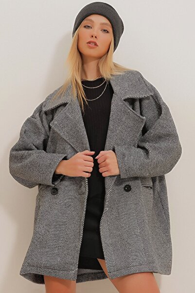 Ottawe Geniş Çentikli Ceket Yaka Düğmeli Rahat Balıksırtı Desen Çift Cep Tarz...