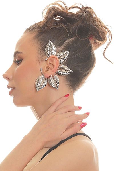 LABALABA Women's Silver Color Lacquer Plated Zircon Stone Textured Leaf Stylized Left Ear Earcuff & Cartilage Earring