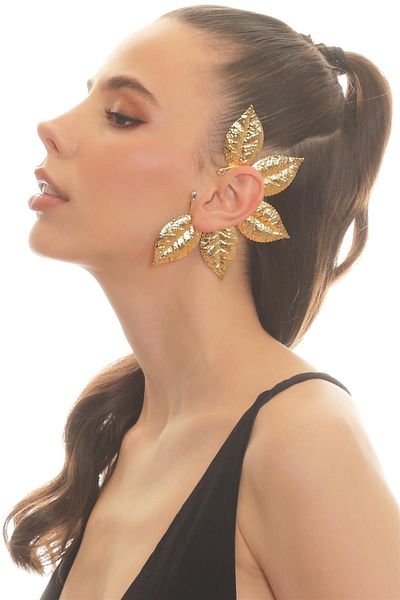 LABALABA Women's Gold Color Lacquer Plated Zircon Stone Textured Leaf Stylized Left Ear Earcuff & Cartilage Earring