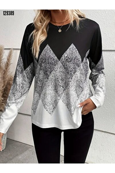 StilVibe Dámská černo-šedá Argyle ponorná halenka s dlouhým rukávem