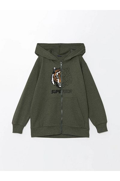 LC Waikiki Boy's Hooded Zippered Khaki Sweatshirt - Lcw Eco