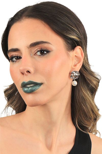 LABALABA Women's Silver Color Lacquer Plated Pearl Beaded Studded Model Modern Earrings