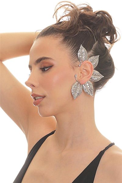 LABALABA Women's Silver Color Lacquer Plated Zircon Stone Textured Leaf Stylized Left Ear Earcuff & Cartilage Earring