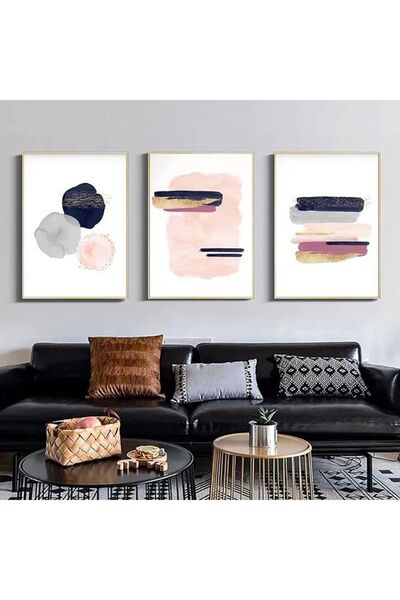 Linacci Üçlü Gold Metal Çerçeve Soyut Beyaz Pembe Cam Tablo Seti
