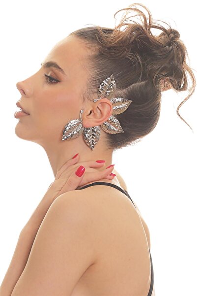 LABALABA Women's Silver Color Lacquer Plated Zircon Stone Textured Leaf Stylized Left Ear Earcuff & Cartilage Earring