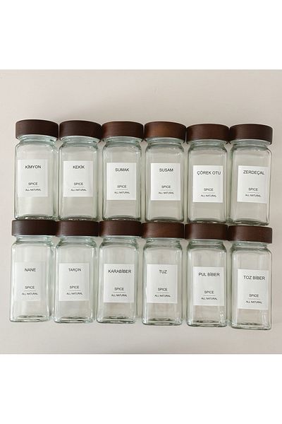 Minika Home Set of 12 Acacia Glass Spice Dispensers with Lid (16 Labels)