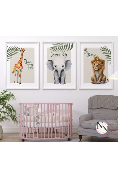 Safari-Lion, Giraffe and Elephant 3-Piece Set- v01- Natural Wooden Frame, Baby and Kids Room Table Set