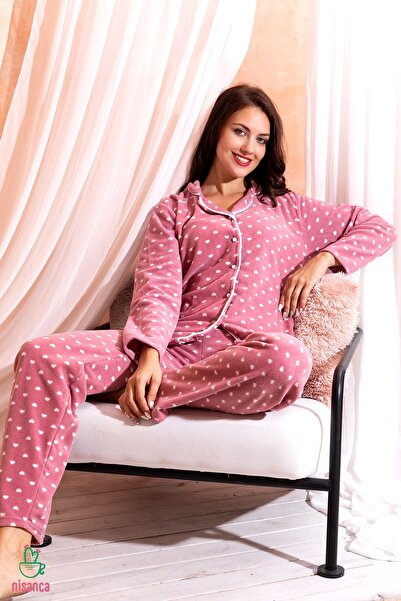 nisaNCa Kışlık Welsoft Peluş Inci Polar Düğmeli Pijama Takımı 'ipeksi Doku'