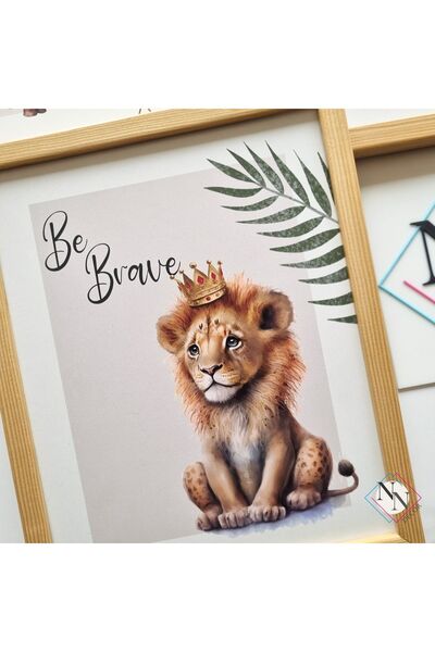 NN DECOR Safari-Aslan, Zürafa ve Fil 3’lü Set- v01- Doğal Ahşap Çerçeveli, Bebek Ve Çocuk Odası Tablo Seti