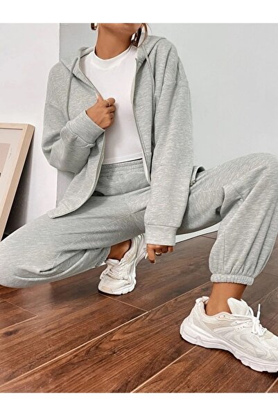 EXPECTED Γκρι γυναικεία αθλητική φόρμα με φερμουάρ - Ζακέτα και τοπ σετ