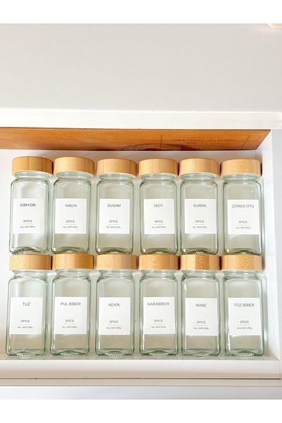 Minika Home 12-Piece Bamboo Spice Jar Set - with Glass Lid (16 Labels)