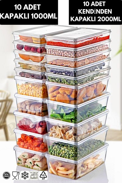 PONÇİK STORE 1 Liter 10Ad Microwave Convenient Storage Container with Lid for Deep Freezer - 2Lt