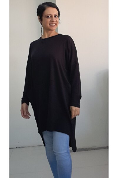 Mertcan Butik Μαύρο τουνίκ βισκόζης - μανίκι νυχτερίδας και μονή τσέπη