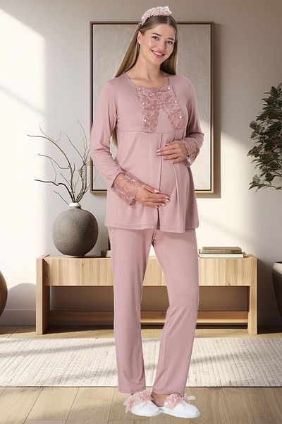 Mecit Pijama Mecit 5911 Powder Plush Maternity Pajama Set with Dressing Gown
