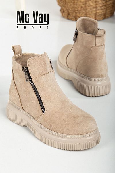 Mc vay Shoes Μπεζ σουέντ κομψό γυναικείο μποτάκι - Lisa διακοσμημένο με φερμουάρ