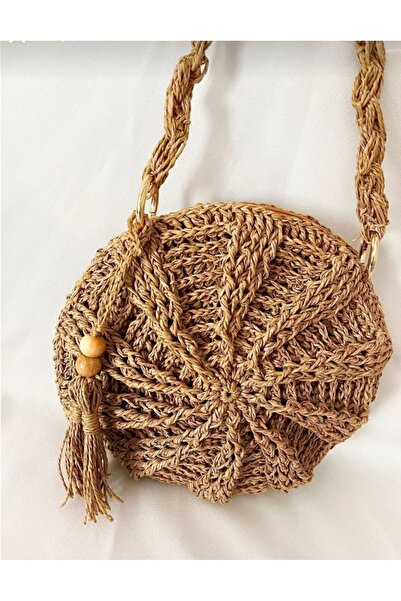 FLAMEL Hasır Kağıt Ip Makaron Çanta Kahve Tonlarında Saman Rengi Deniz Kabuğu Örgü