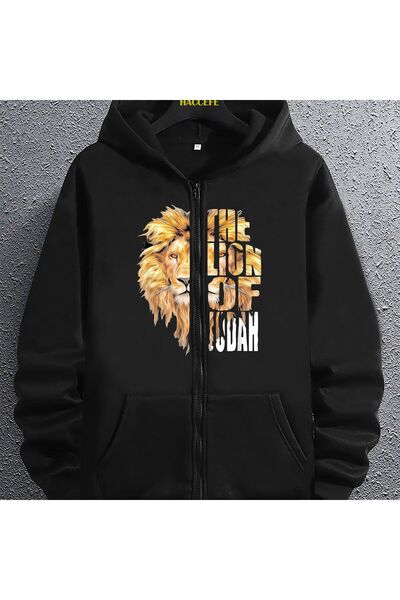 GALASHOP Erkek Kapüşonlu Fermuarlı Sweatshirt, Aslan Yahuda Grafikli