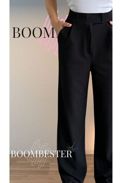 BoomBester بنطلون بالازو أسود نسائي من الليكرا مزود بشريط فيلكرو - قماش كريب ...
