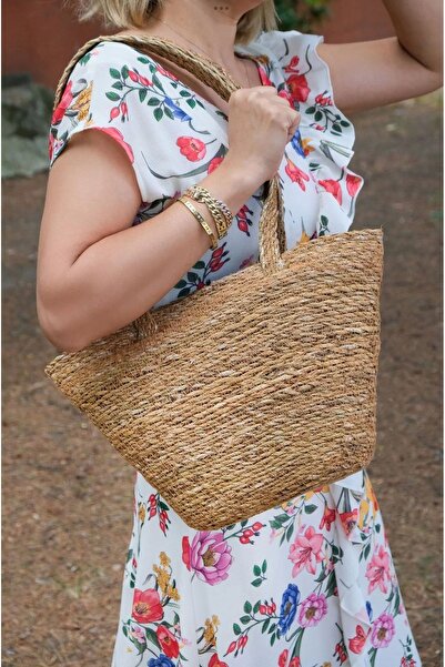 YUNUSOĞLU HOME 38 cm Zippered Straw Women's Bag - Beach, Hand and Shoulder Bag