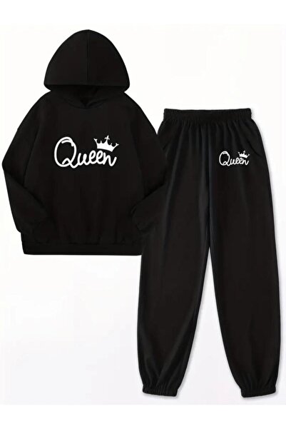 coolart Set pentru copii Queen Pamuk - Hanorac negru, Hanorac cu glugă cu imp...