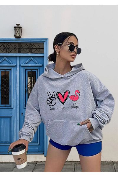 Pink Sky Flamingo Printed Gray Unisex Sweatshirt