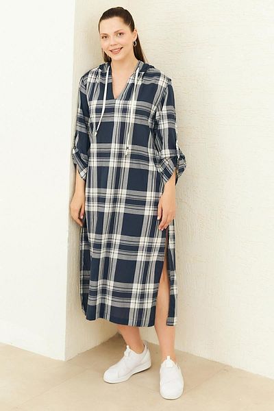 Curly Navy Blue Plaid Hooded Dress