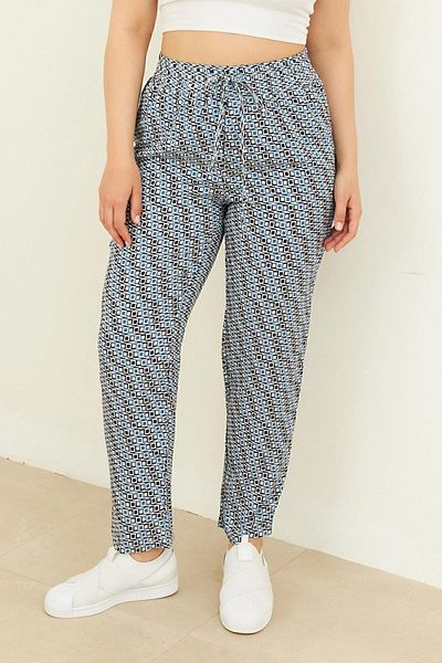 Curly Navy Blue Patterned Skinny Leg Trousers