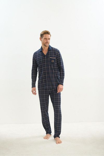 Sevim Σετ ανδρικές πιτζάμες Navy Blue - Μακρύ μανίκι, γιακάς πουκάμισου, μπροστινό κουμπί C5T3N5O9