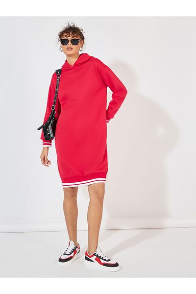 Styli Striped Cuff Hooded Sweatshirt Knee-Length Dress
