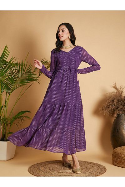 Sassafras By Styli Foil Print Tiered Maxi Dress