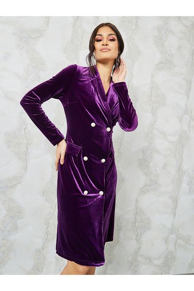 Styli Notch Lapel Double Breasted Velvet Mini Dress