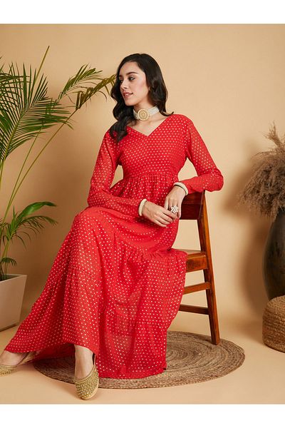 Sassafras By Styli Foil Print Tiered Maxi Dress