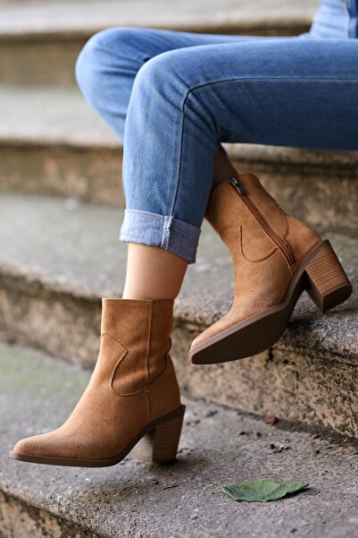 EREN SHOES BAG Occi Taba Süet Topuklu Western Kovboy Kadın Bot