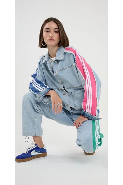 Calisa Jachetă și pantaloni de denim pentru femei cu dungi colorate - model Baggy și Jogger