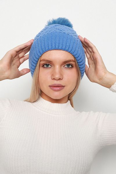 Luminos Butik Blue Pompom Beret with Thick Knit Pattern and Wool Inside Detail - Warm Winter Model Beret1140