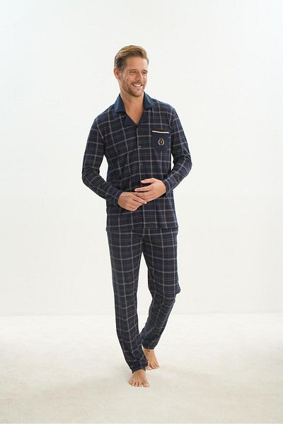 Sevim Σετ ανδρικές πιτζάμες Navy Blue - Μακρύ μανίκι, γιακάς πουκάμισου, μπροστινό κουμπί C5T3N5O9