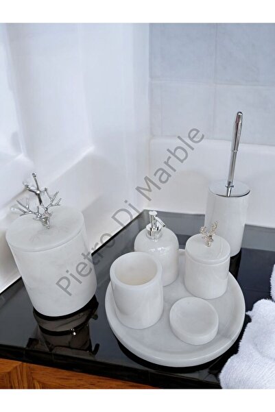Pietro Di Marble Beyaz Mermer Klasik Model 7 Parça Gümüş Renk Geyik Aksesuarl...