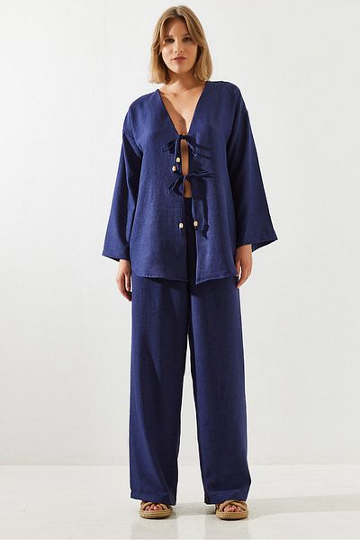 Bianco Lucci Sofia Linen Palazzo Set - Front Tie, Women'S, 3007 60251769