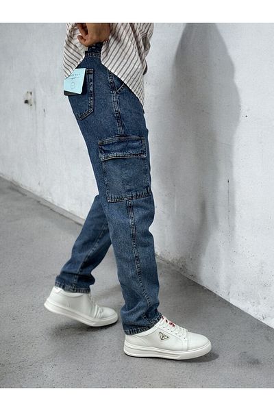 DENIM MAN Men's Navy Blue Baggy Fit Cargo Jean Trousers